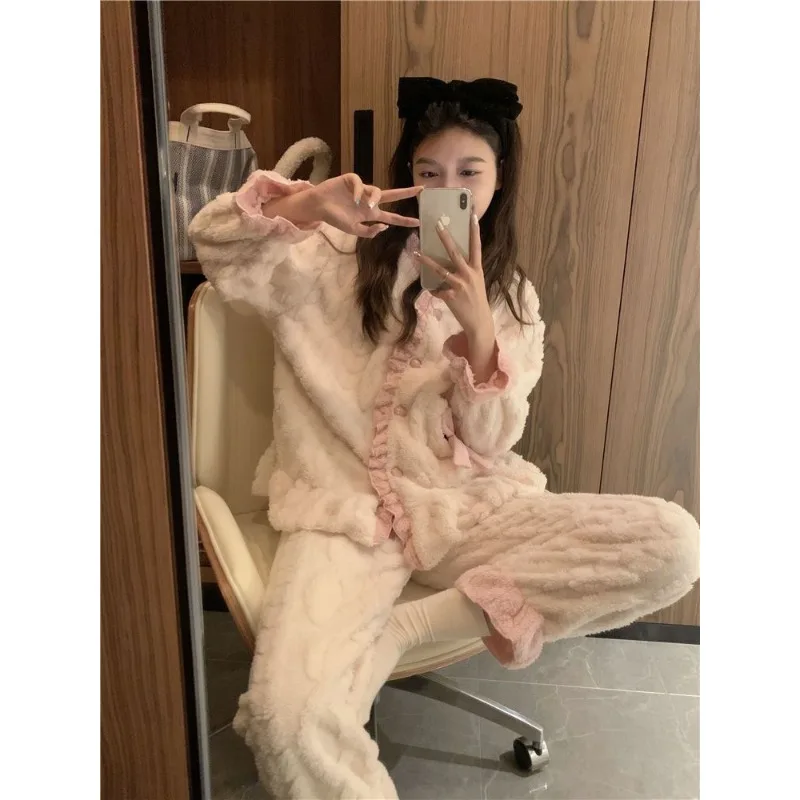 Coral Fleece Pajamas Female Wintertime Warm Little Fellow Set 2024 New Style Flannel Fleecing Intensification Loungewear