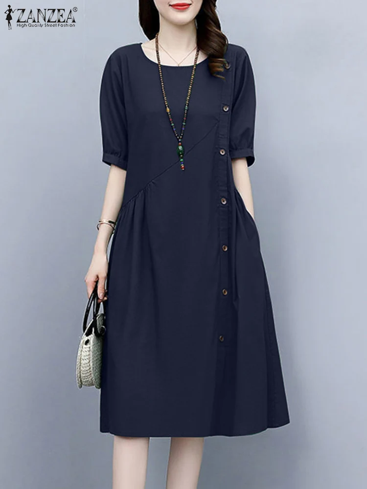 ZANZEA Summer Vintage Solid Dress Robe Femme Short Sleeve O Neck Work Vestidos Women Casual Loose Sundress Elegant Midi Dresses