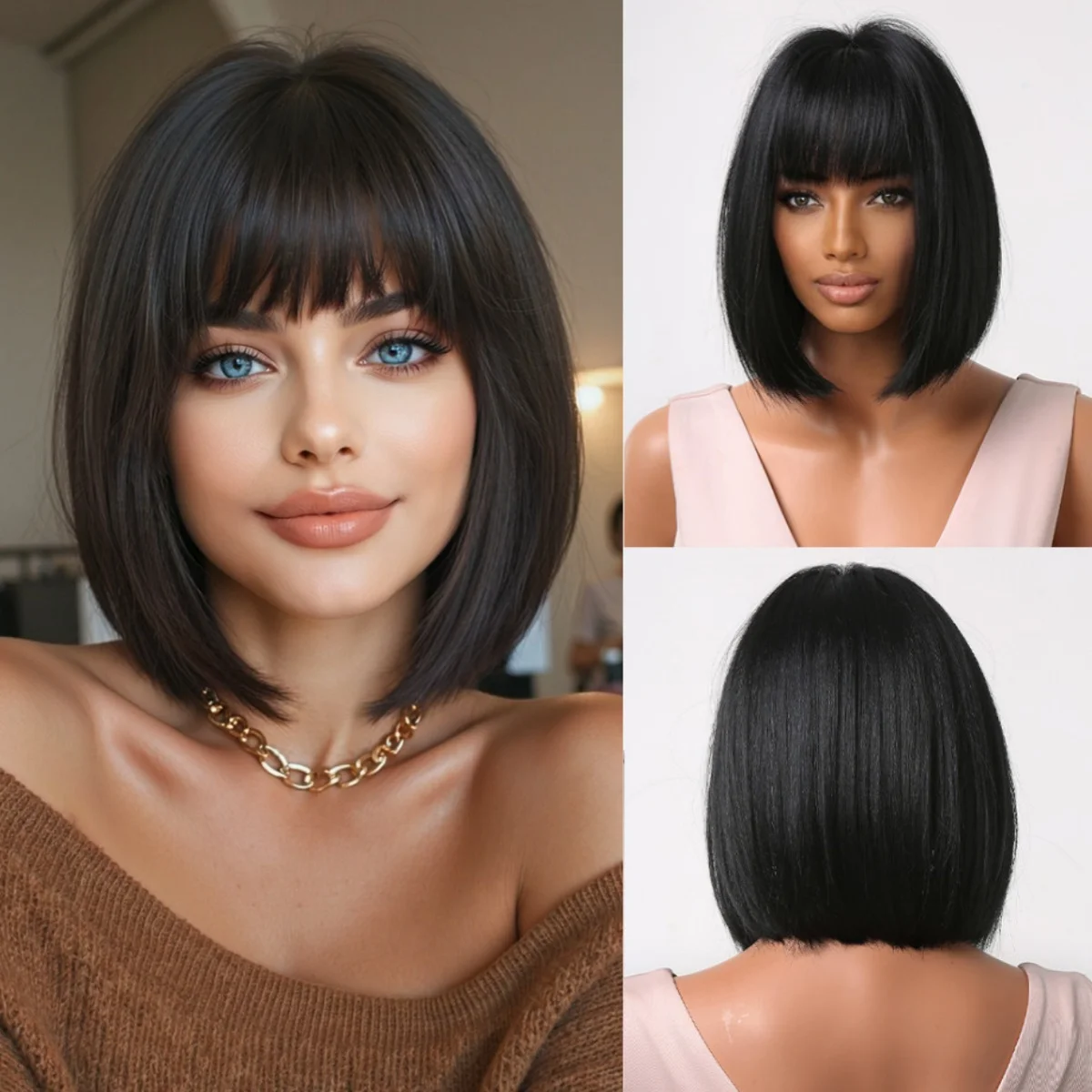 باروكات صناعية سوداء قصيرة باروكة شعر مستقيمة مع غرة شعر بوب للنساء تستخدم باروكات من الألياف المقاومة للحرارة للحفلات التنكرية اليومية
