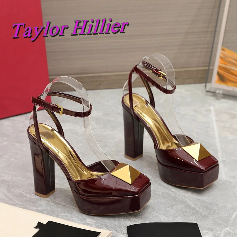 Chic Shollow Rivets Pumps Square Tie High Heel Block Heel Solid Buckle Strap Fashion Women Summer Autumn Dress Shoes