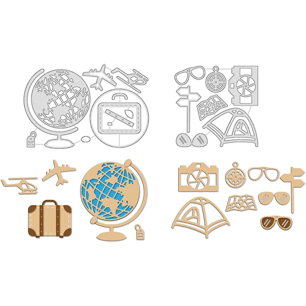 2Pcs Globe and Suitcase Metal Cutting Dies Tent Sunglasses Compass Die Cuts for DIY Scrapbook Card Making Album Craft Decoration