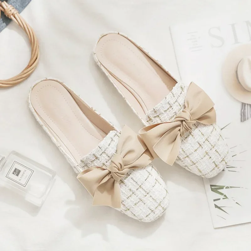 Pearl Cover Toe Half Slippers for Women\'s Flat Shoes Fashion Casual Bowknot Square Heel Slingback Slip-On Outdoors Slipper