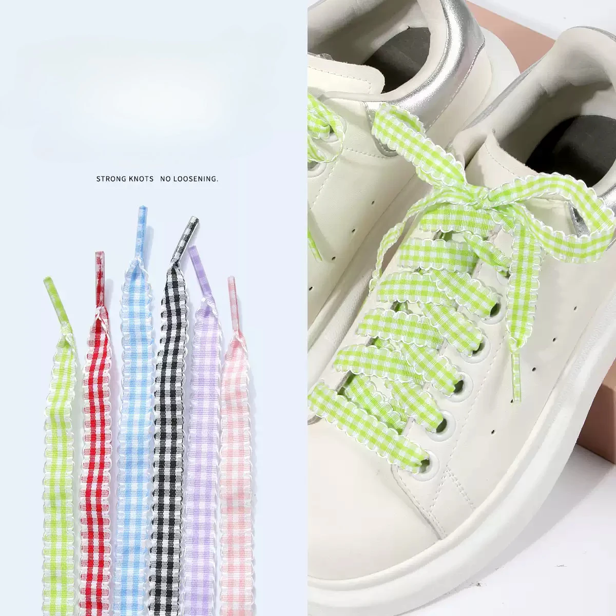 Scalloped Edge Gingham Shoelaces 1.2cm Width Ruffled Plaid Ribbon Laces Multicolor Anti-Slip Knot Decor Strings for Casual Shoes