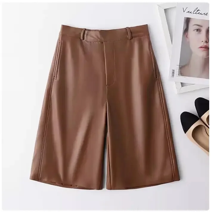 Shop Best,100% soft natural sheepskin pants for women.fashion ladies leather casual shorts.High waisted straight Wide