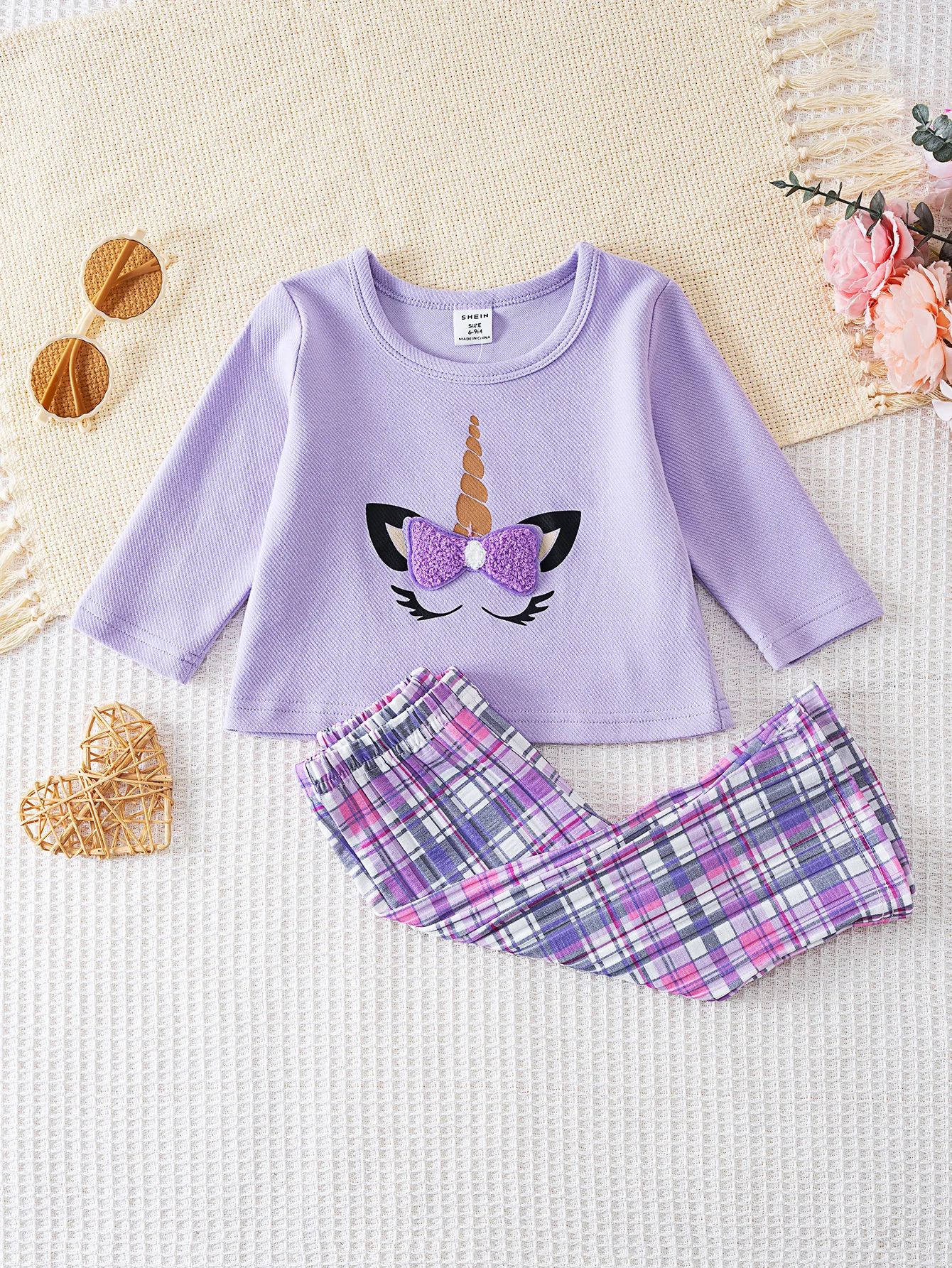 Baby Girl Spring and Autumn Outfit, Cute Unicorn Embroidery Purple Long-Sleeve + Plaid Pants Two-Piece Set, Sweet Soft Cotton Outerwear for Infants and Toddlers