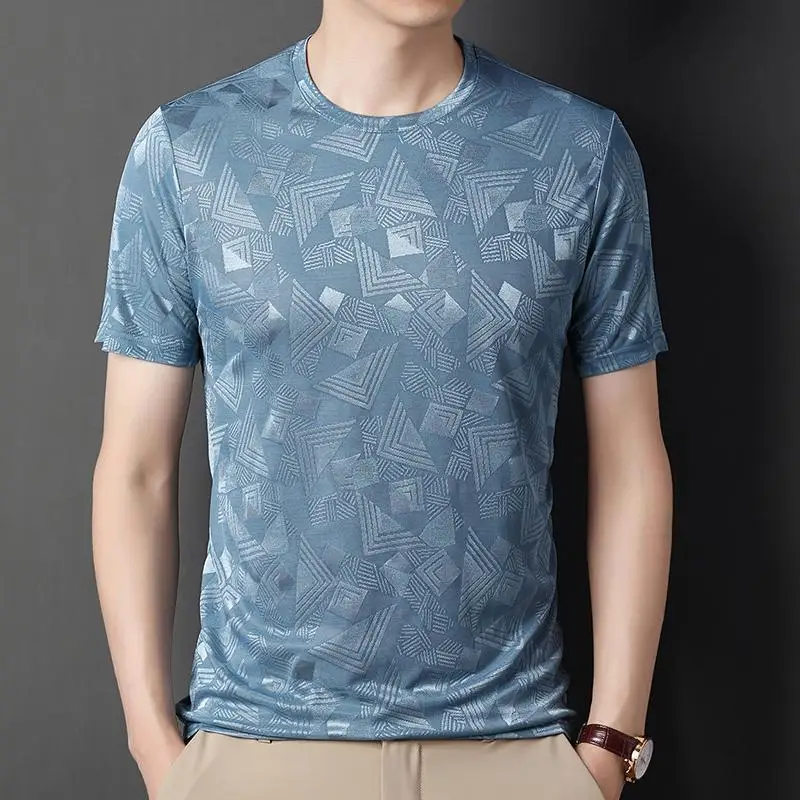Mulberry Silk Men's Short-sleeved T-shirt Loose Jacquard Half-sleeved T-shirt with Trendy Casual Ice Silk Base Shirt