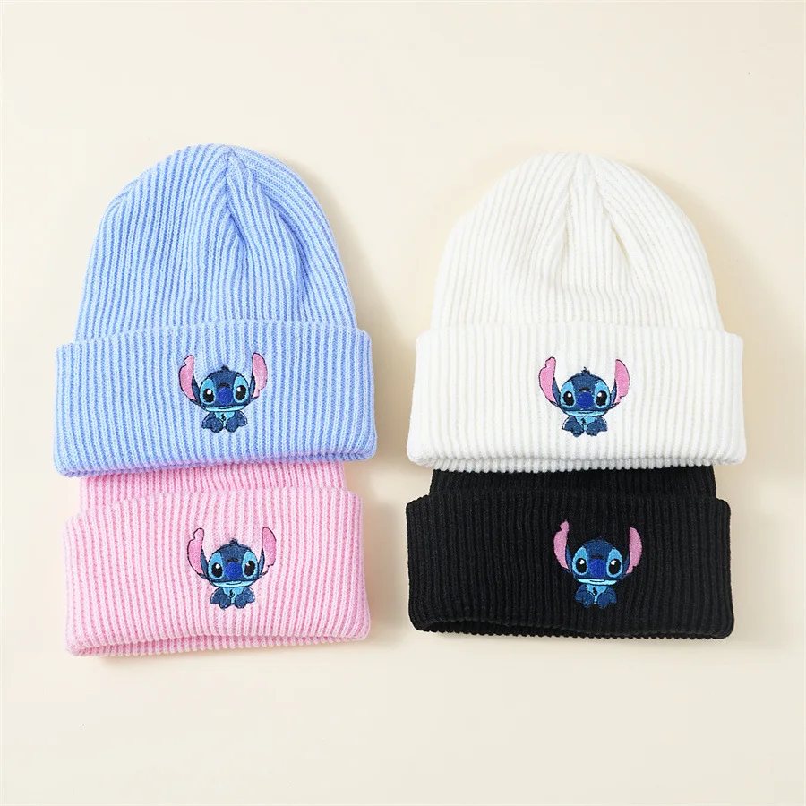

Cartoon Embroidered Stitch Knit Hat Cute Unisex Warm Stretchy Hats Benie Cap for Adult Kids Outdoor Thermal Caps Christmas Gift