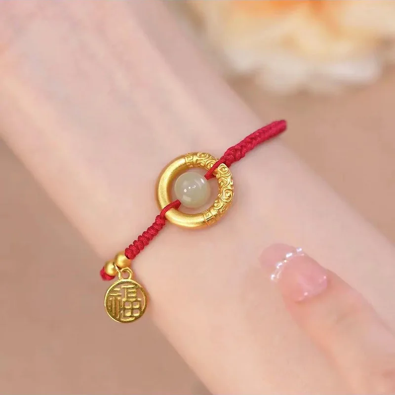 

VENTFILLE Red String Gold Color Hetian Jade Bracelets for Women's Donut&Ball Jewelry Happiness&Peaceful Girls Gifts Dropshipping