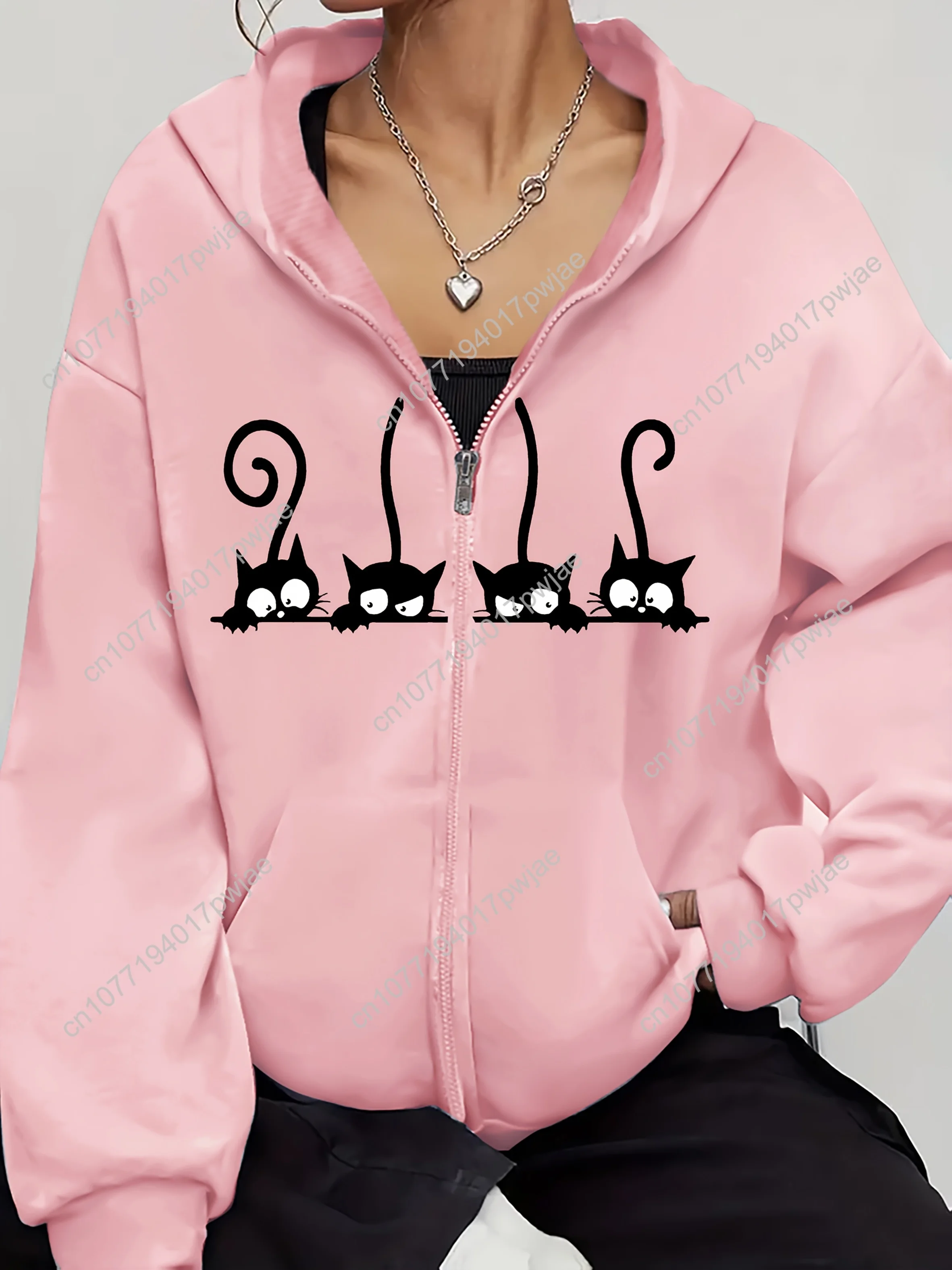 Moletom feminino com estampa de gato preto brincalhão – manga comprida, jaqueta casual com zíper e detalhes de malha canelada, tecido de poliéster elástico, todos