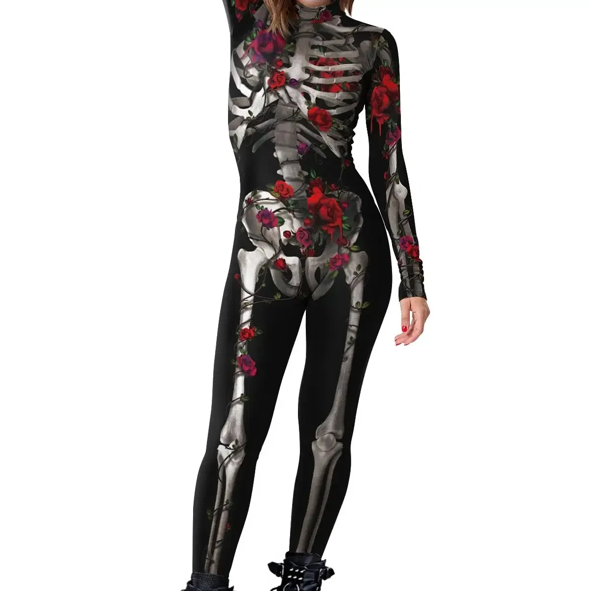 

VIP FASHION Woman Day Of The Dead Cosplay Costume Halloween Rose Skeleton Jumpsuits Ladies Sexy Zentai Suit Fancy Party Clothes