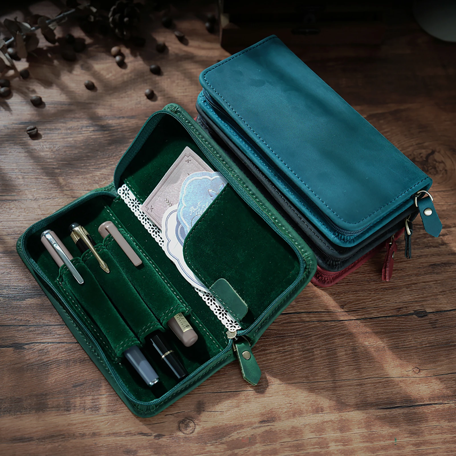 1pcs Genuine Leather Zipper Pencil Case Multi-functional Pen Pouch Pen Holder Organizer Bags Stationery Office School Supplies