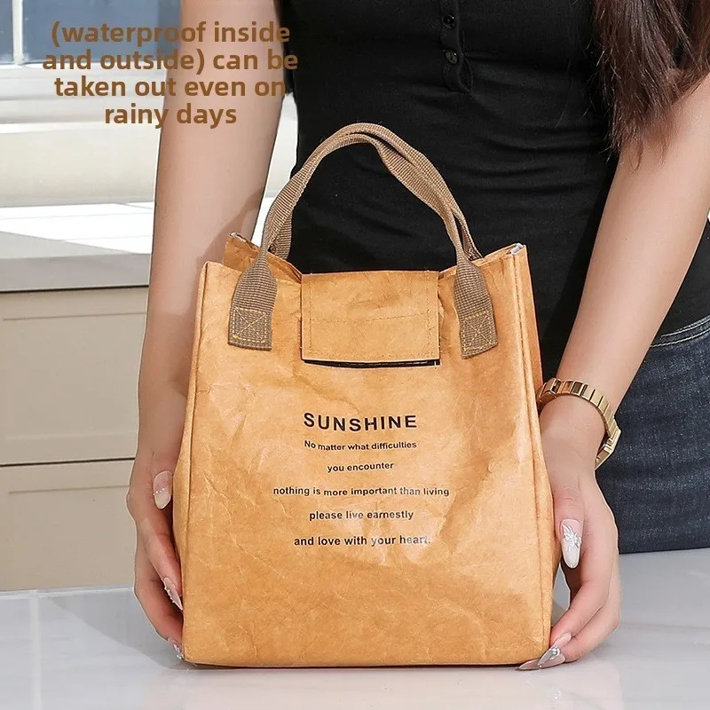 Waterproof Kraft Paper Lunch Bag Aluminum Foil Lining Handheld Insulated Box for Outdoor Camping Picnic
