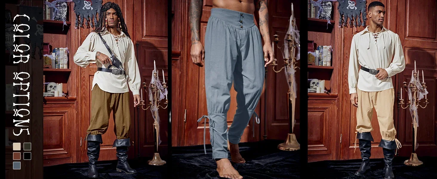Kapuzenhose im Piratenstil, Wikingerkostüm für Herren, Renaissance-Mittelalterhose, Halloween-Kostüm, Erwachsenen-Cosplay, trendige Streetwear – Detail 8