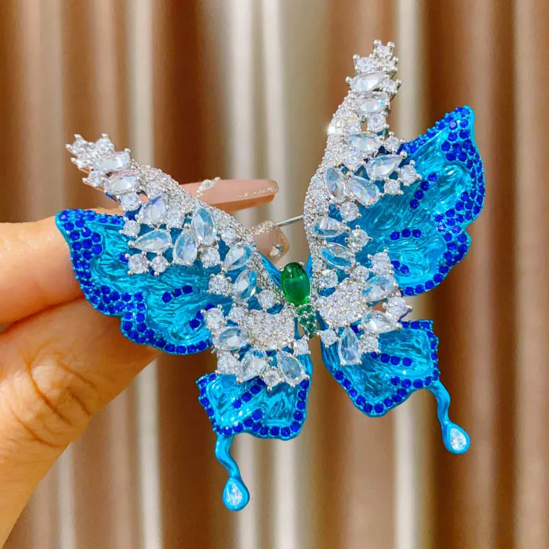European And American Retro Style Heavy Industry Design Inlaid Double-Layer Zircon Butterfly Shaped Brooch
