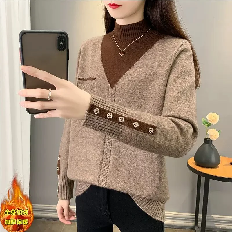 

Half Turtleneck Base Shirt Women Autumn Winter New Velvet Thickened Sweater Loose Fashionable Fake Two-piece Top