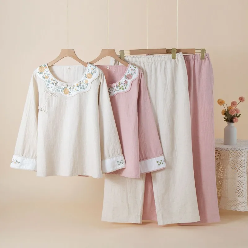 

2025 Chinese National Style Round Neck Embroidery Cotton Linen Pajamas Women's Thin Long-sleeved Trousers Loungewear Set