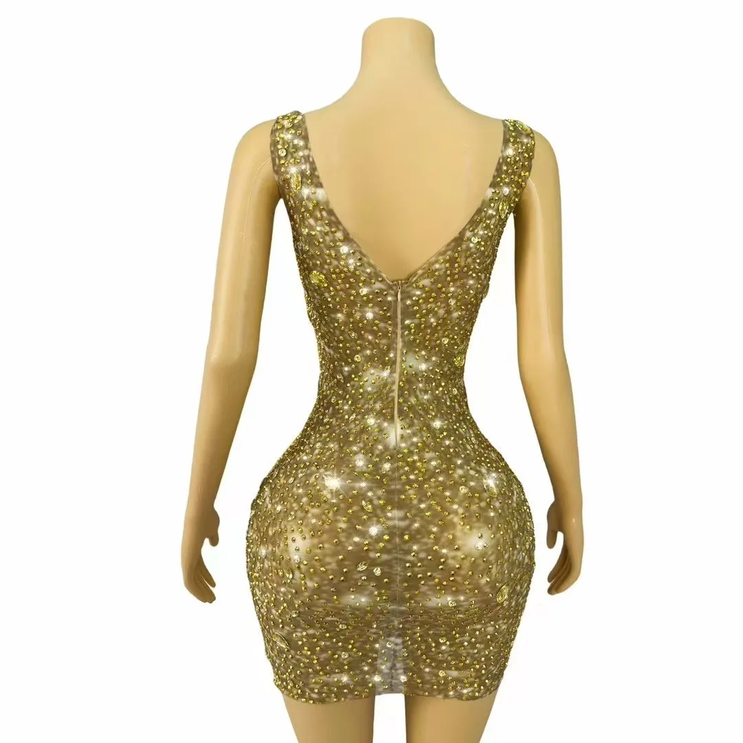 Sexy Stage High-end Cocktail Party Gown Shining Gold Rhinestones Elegant Mesh Dress Women Birthday Evening Photoshoot Costume