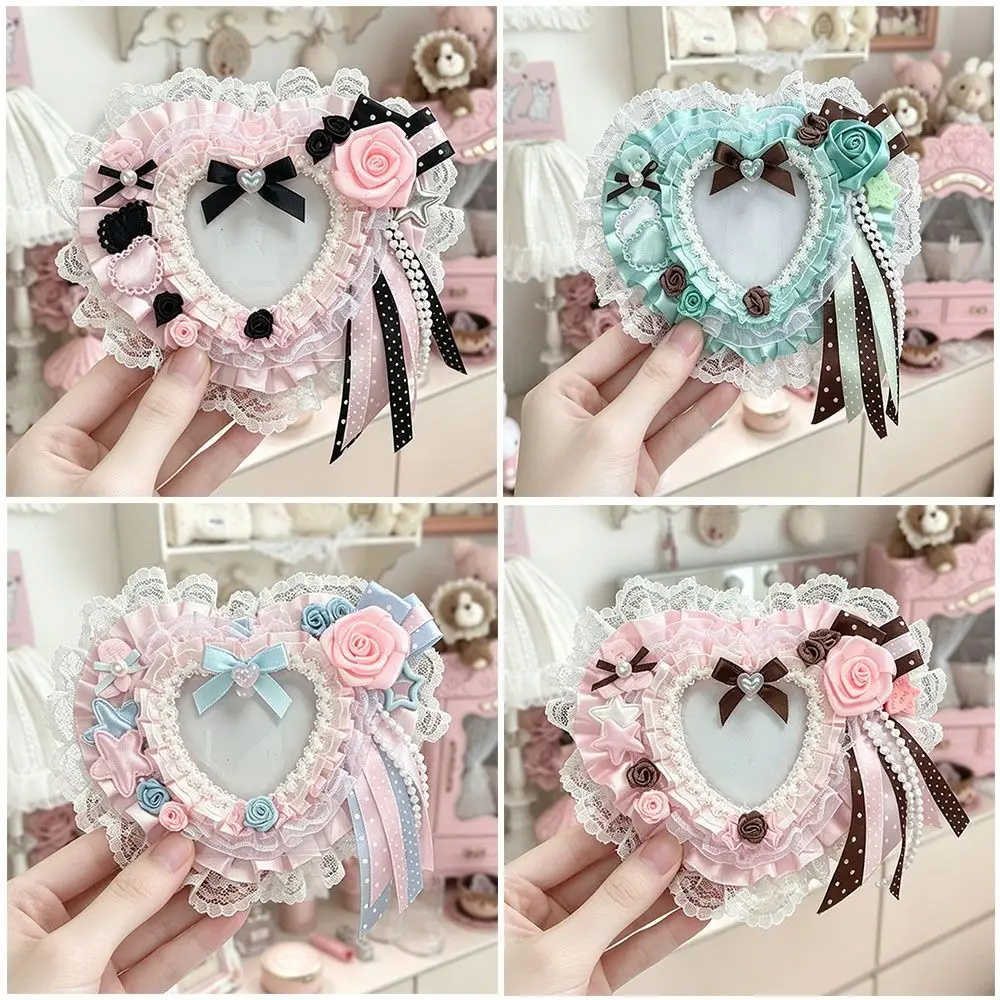 Handmade Heart Badge Holder Heart Shape Lace Bow Card Holder DIY Photo Display Photocard Holder For Photocard Collectors