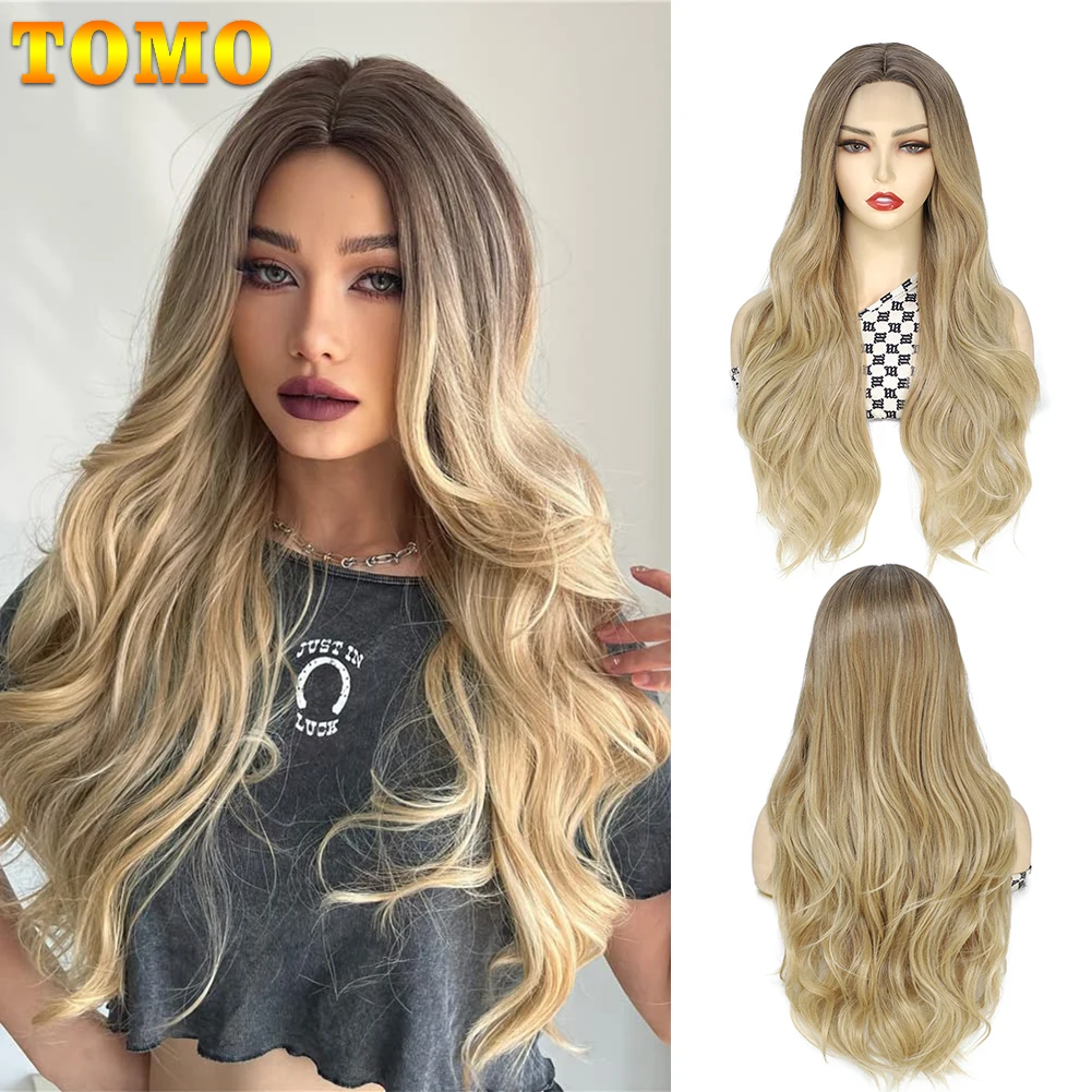 

TOMO Длинный волнистый парик с эффектом омбре для женщин 26-дюймовый вьющийся волнистый парик со средней частью Парик из синтетического термостойкого волокна для ежедневной части
