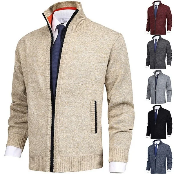 

Men's Stand Collar Open Cardigan Knitted Sweater Coat Large Size Casual Warm European Sle Long Sve Zipper Closure
