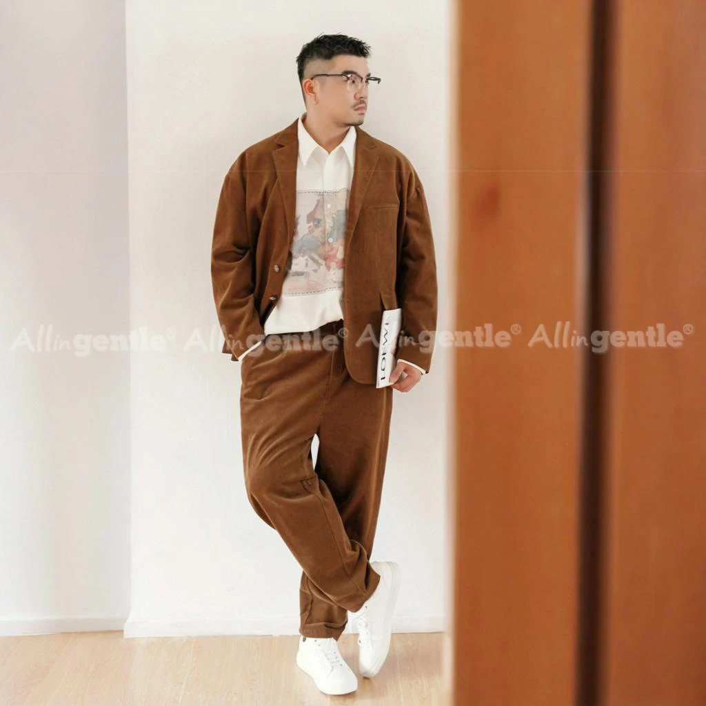 Mens Big and Tall Suits Corduroy 2-Piece Office Business Suit with Notched Lapel & Single-Breasted Elegant Casual Jackets & Pant