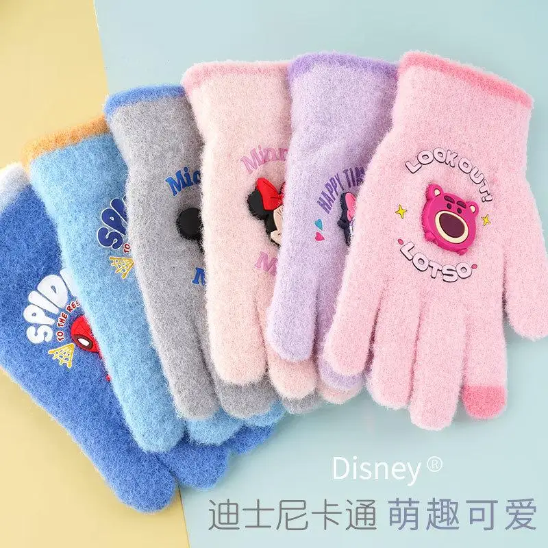 Anime Disney Lotso Kids Five-Fingered Knitting Gloves Kawaii Elsa Winter Student Thickened Warm Cold Protection Gloves Gift