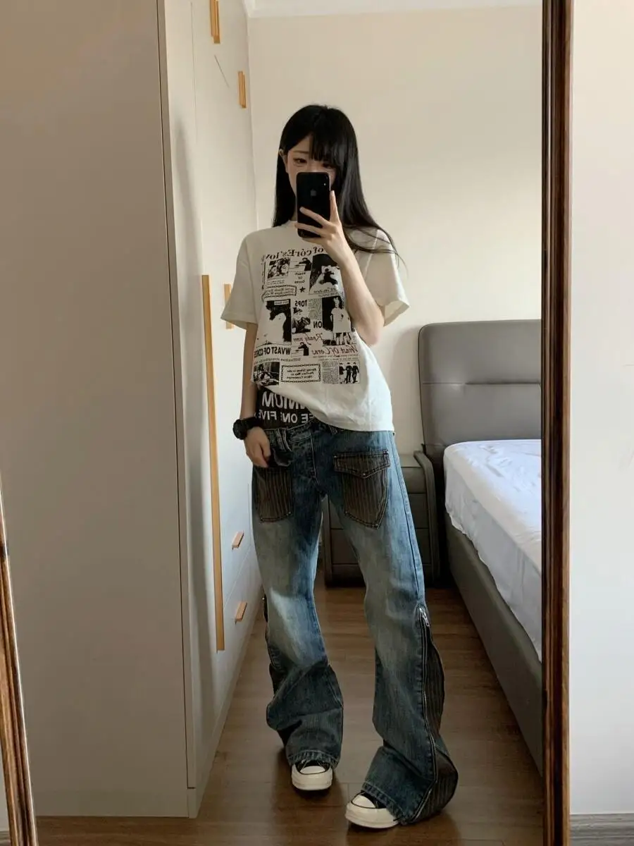 American Street Style Dual Waist Oblique Splice Jeans Unisex Loose Fit Long Trousers Trendy Male Female Matching Design Sense