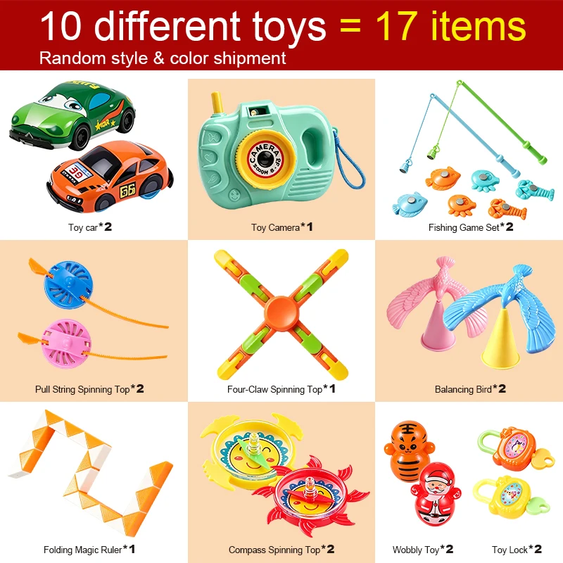 17PCS Assorted Kids Toy Set, Mixed Fidget Toys Pull Back Car Balance Bird Magic Ruler Camera Fishing Toy, Children Birthday Part