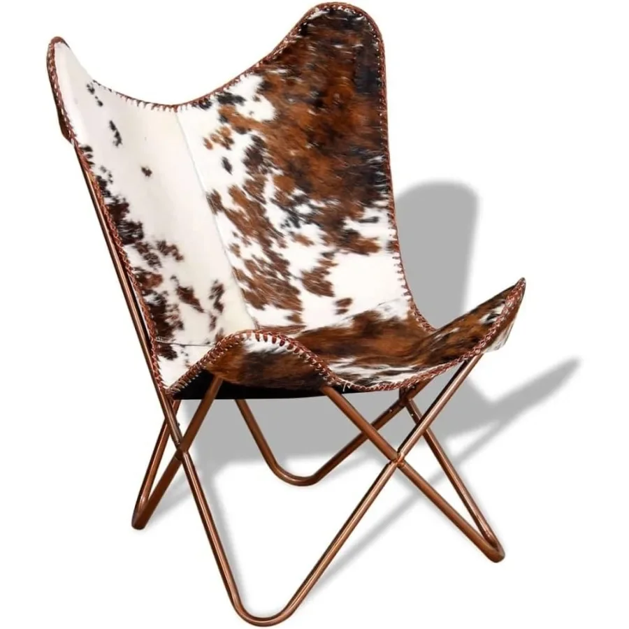 Butterfly Chair for Living Room Office Bedroom, Brown and White Real Cowhide Leather, Rustic Animal Print Ergonomic Chair