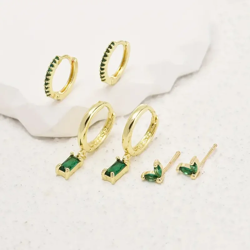 6PCS Green Tragus Huggie Earring Set For Women Fahion Square Crystal Cartilage Hoop Earring Shiny Helix Piercing Lobe Jewelry