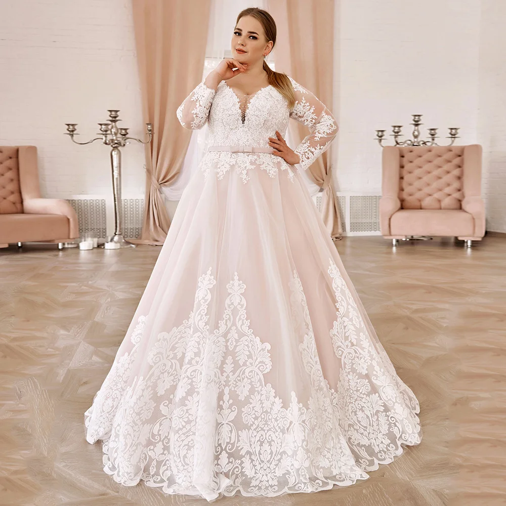 Escova vestido de casamento rosa com Applique Beads, mangas completas, V-Neck, até o chão, vestido nupcial requintado, Plus Size