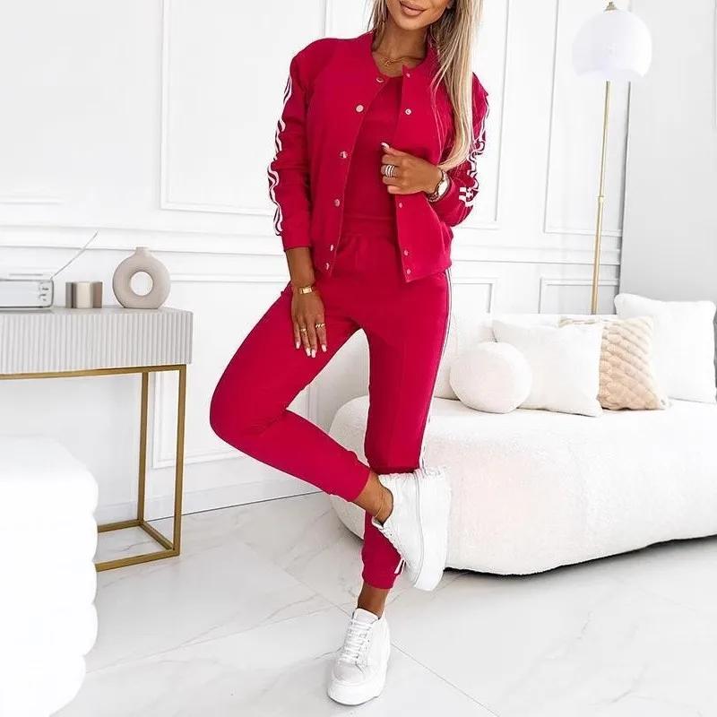 Setelan Olahraga Kasual 3 Potong 2025 Jaket Hoodie Bergaris Warna Solid + Rompi Tank + Celana Slim Wanita Tracksuit