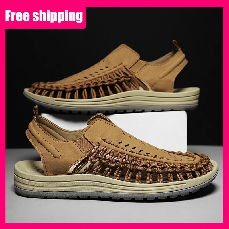 Men Sandals Summer New Woven Hollow Breathable Comfortable Beach Shoes Casual Trend Outdoor Walking Sandals for Teenager