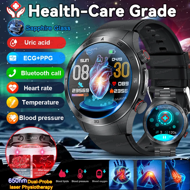 

2025New Laser therapy Health-Care Grade Uric Acid Blood Lipid ECG+PPG Smart Watch Men Women Heart Rate Bluetooth Call SmartWatch