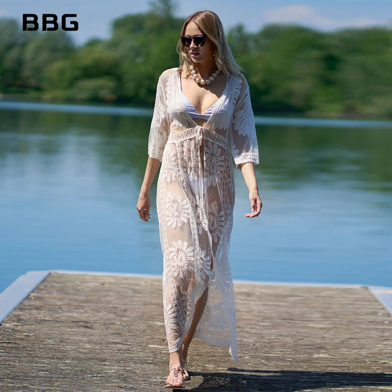 

2022 Beach Blouse For Women Sexy Lace Transparent Hollow Out Bikini Cover Up Solid Boho White Party Tunic Swimwear Pareos Female