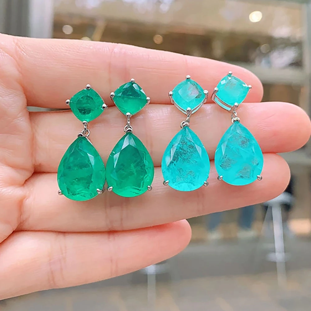 Silver Color Paraiba Drop Earrings for Women Tourmaline Emerald Big Drop Earrings Luxury Designer Fine Jewelry Christmas Gift