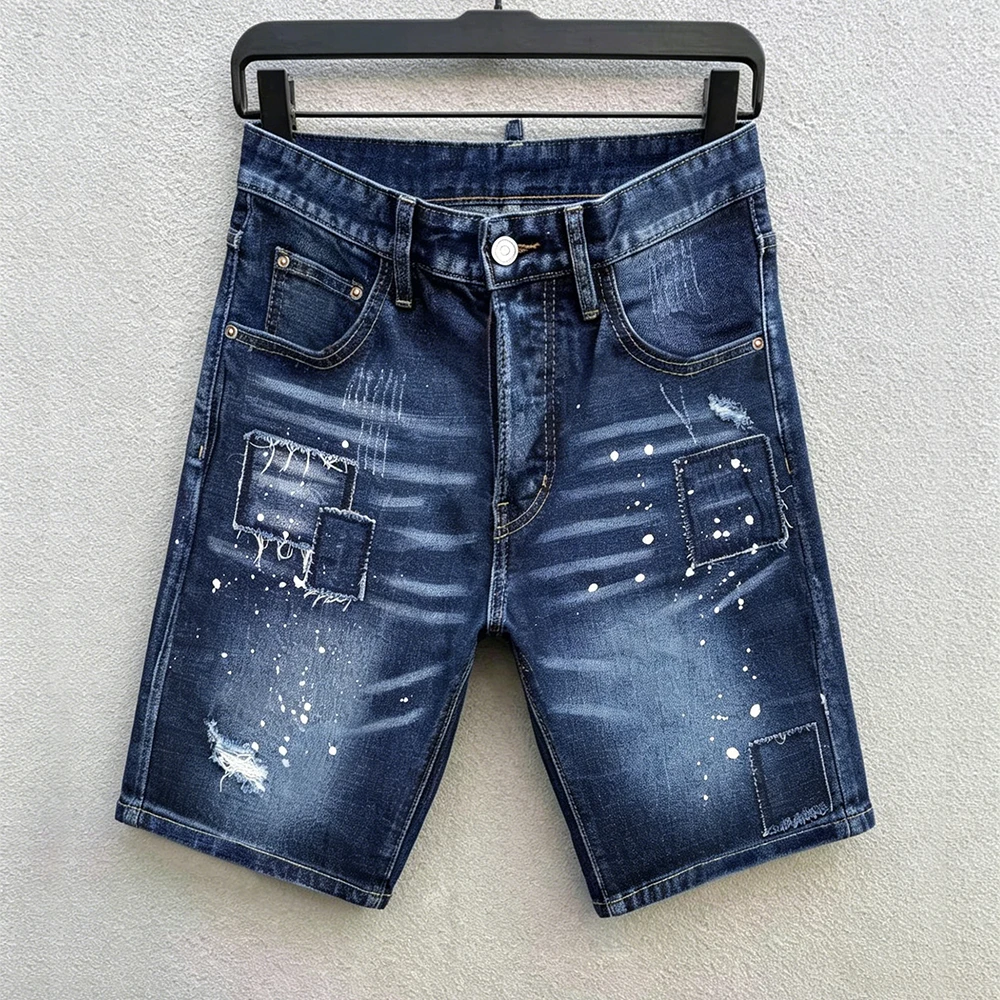

Spandex Jorts Men's Straight Y2K Hip Hop Jean Shorts Summer Splicing Ripped Patch Motorcycle Knee-length Denim Shorts Streetwear