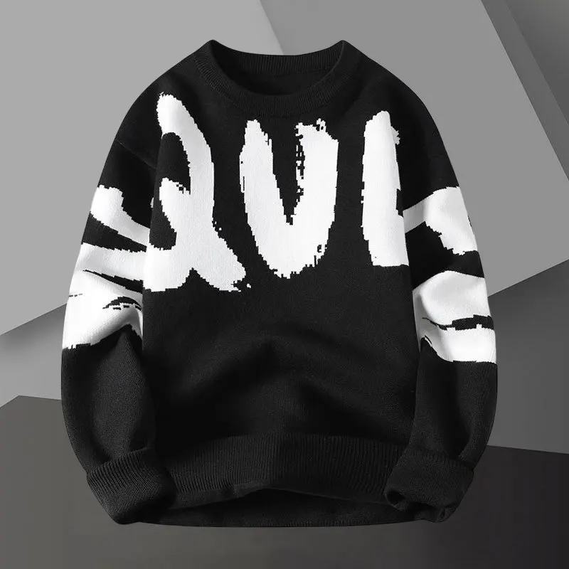 Letter Contrast Printing Sweater Pullover Crew Neck Men Sweter Korean Sweater Designer Fashion Knit  Pullover Sweater Noel Kazak