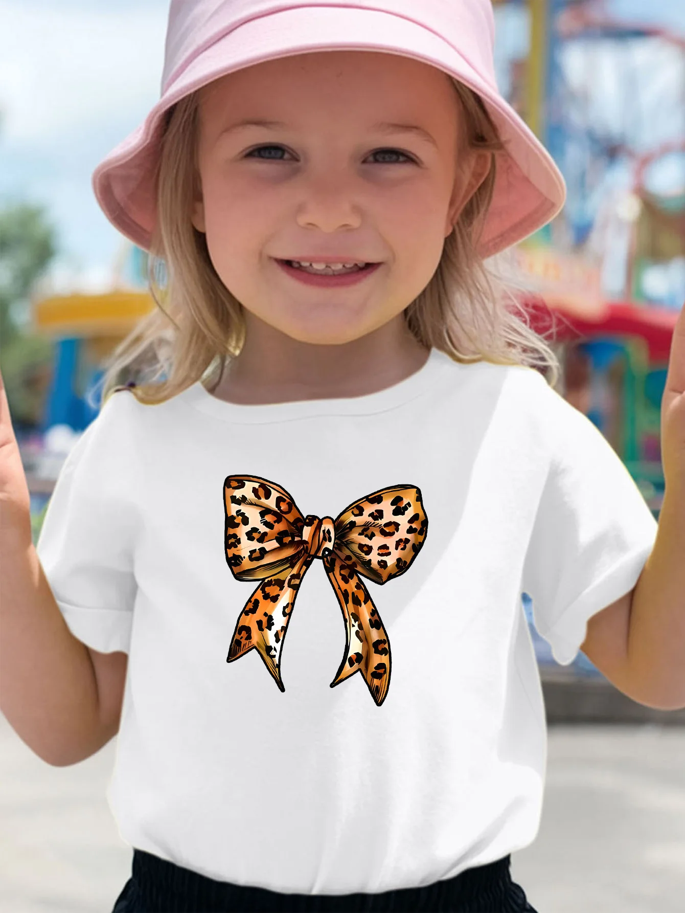 Leopard Print Bow Fashion Girly Pattern Print Kids T Shirt Boy Girl Short Sleeve Cotton Family Matching Toddler Daily Casual Top