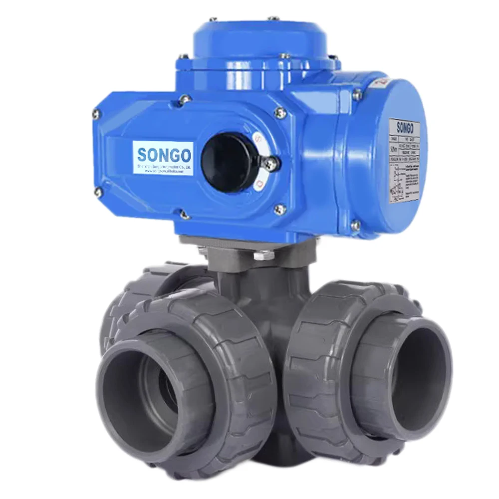 Electric Actuator DN50 2 Inch 12V 24V 220V AC PVC 3 Way True Union Ball Valve with on Off Motorized Actuator