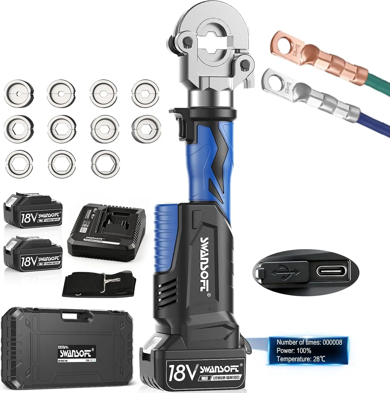 SWANSOFT Electric Hydraulic Crimping Tool, 6Ton 6AWG-600MCM Continuously Crimp Hydraulic Wire Crimper for Cu/Al Terminal, Crimp 30000 Times Wire Cable Lug Crimping Tool Kit with 11 Dies (600B)