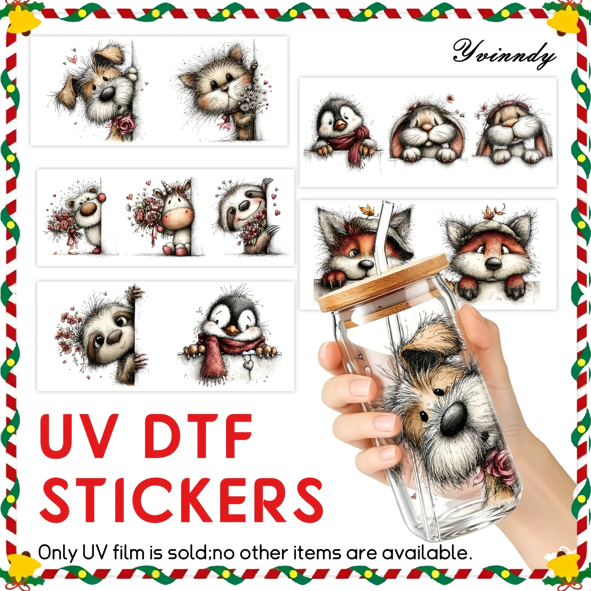 5Pcs/Set Hide and Seek with Small Animals 16OZ Glass Jar Transfer Paper UV DTF High Self-Adhesive Transfer Paper