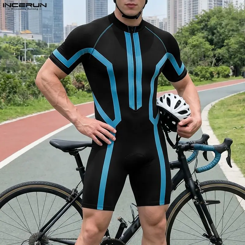 INCERUN Men's Rompers Patchwork Color-block Zipper Short Sleeve Male Bodysuits Workout Fashion Casual Playsuits Men Bodybuilding