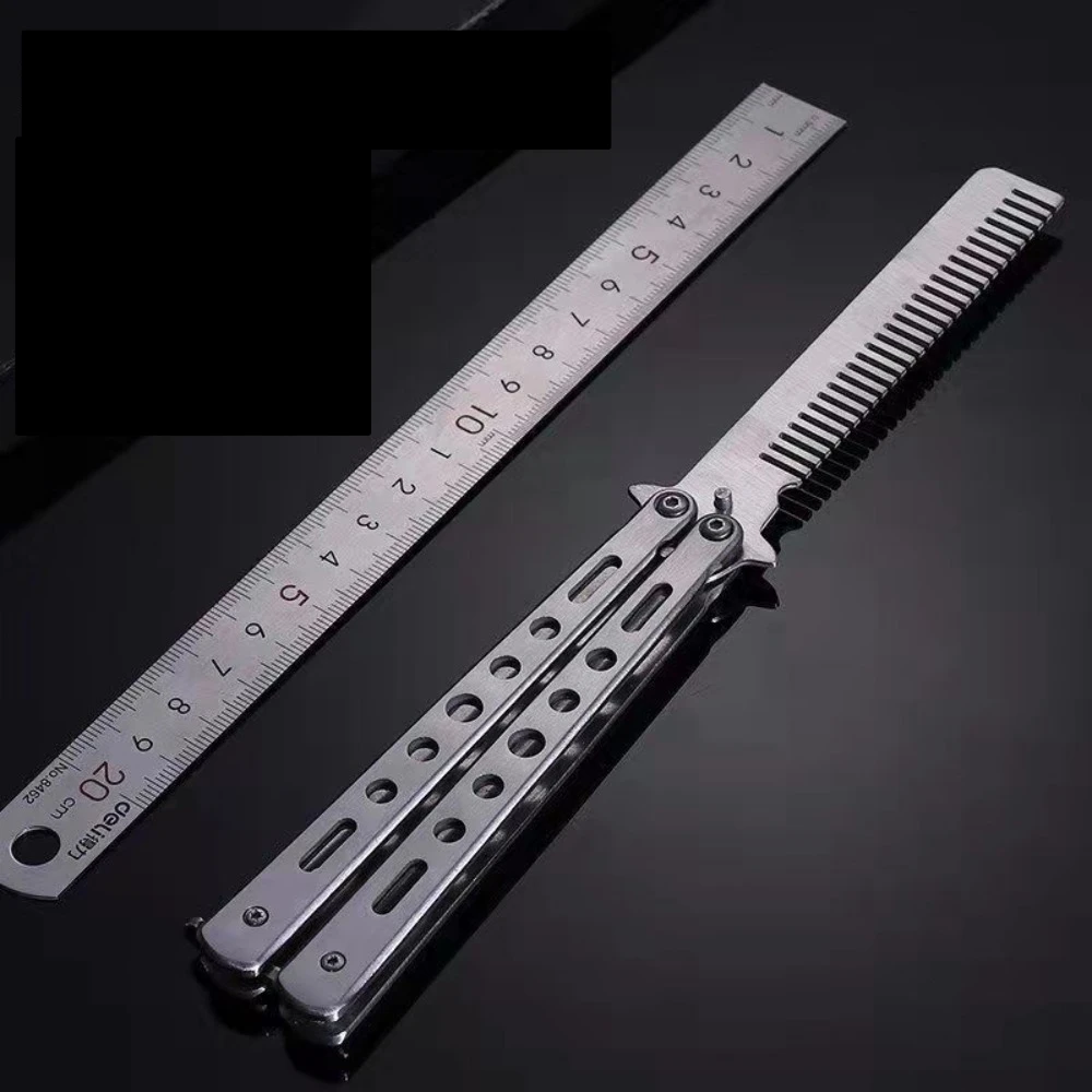 Stainless Steel Foldable Comb for Butterfly Knife Practice Training Beard Moustache Styling Tool Hairdressing Salon Brush
