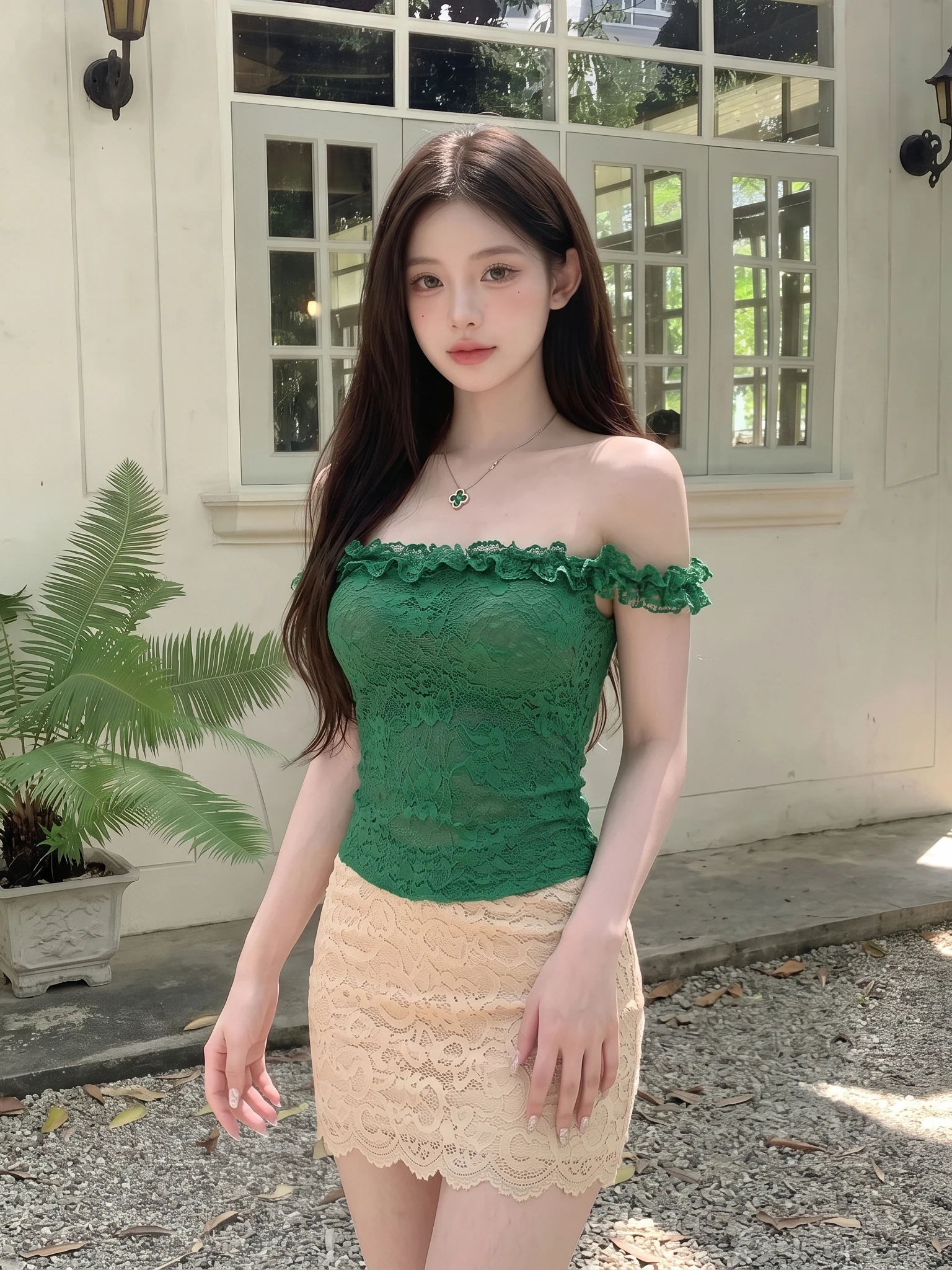 Elegant Lace Green Summer Slim Fit Sexy One Shoulder Vest Women's Versatile Flattering Short Ruffle Personality Top