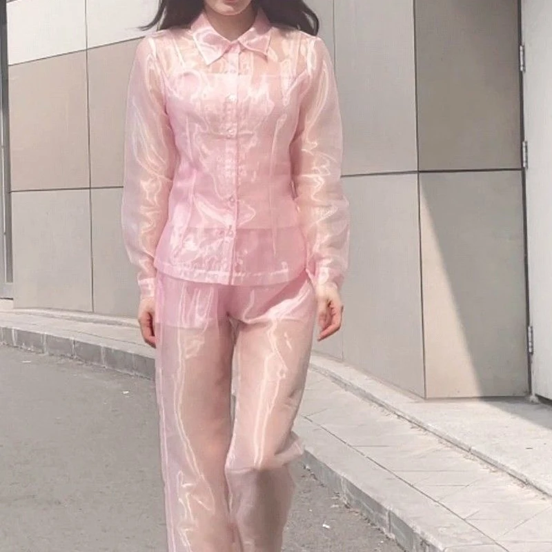 Women Luxury Pink Sexy See Through Organza Shirt Pants Set Thin Long Sleeve Glossy Slim Sheer Erotic Uniform Party CD Clothing