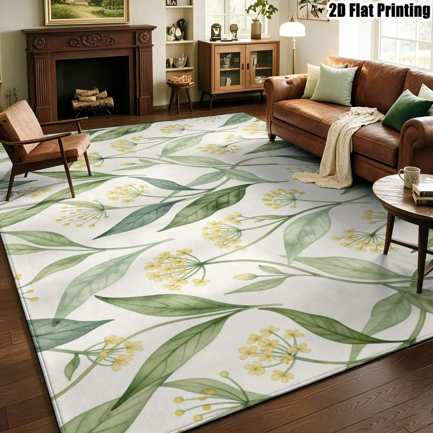 1Pc 2D Printed Nordic/Instagram Style Carpet with Light Green Branches, Leaves & Yellow Floral Patterns, Machine Washable, Multi-Size, Perfect for Home Decor, Multi-Scene Use