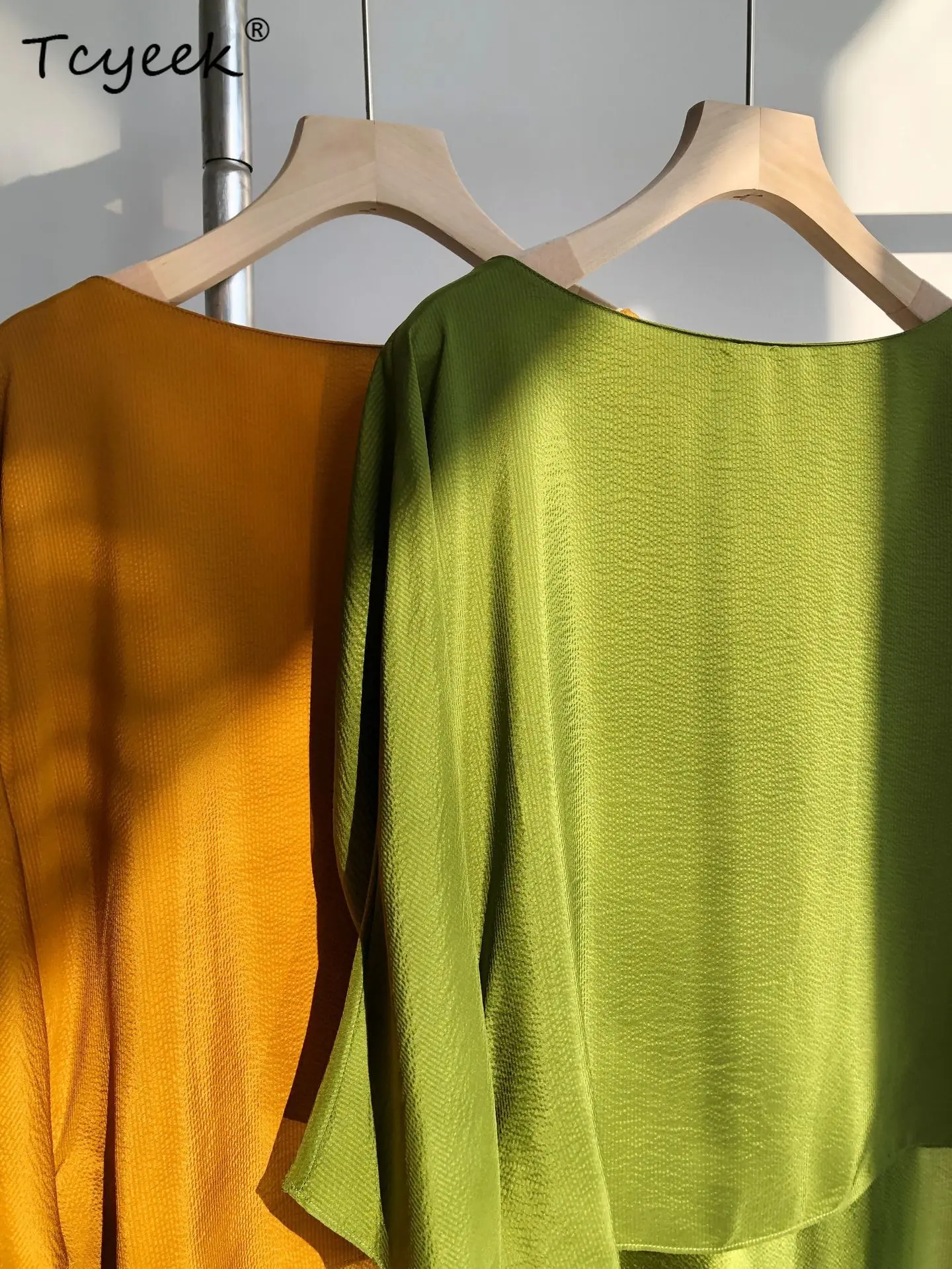 Tcyeek 17mm 100% vestido de chá de seda amoreira, mulher pérola cetim fora do ombro meia manga moda maxi vestido, 2025 summerd54604jf