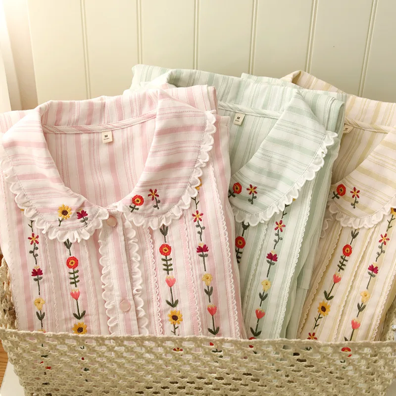 Sweet Striped Soft Cotton Pajamas Sets For Women Long Pants Loose Delicate Embrodiery Girls Spring Summer Sleepwear Home Clothes