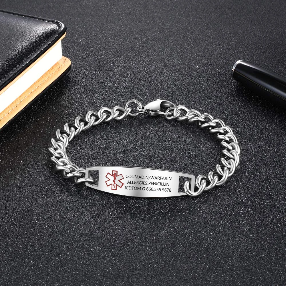 Amaxer Custom Medical Alert Bracelet for Men Women Waterproof Stainless Steel Emergency ID Bracelet Medical Wristband Bangle